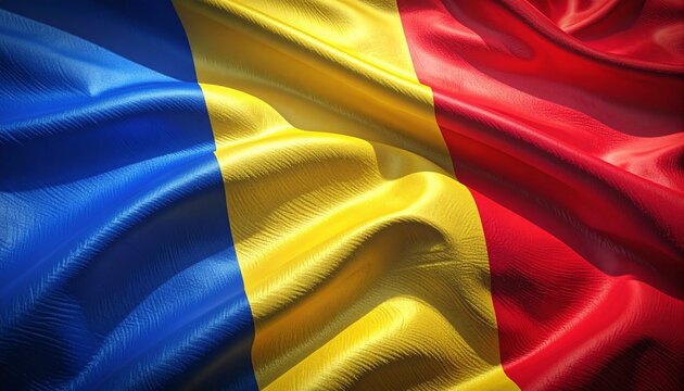 Waving Flag of Romania Vibrant Blue Yellow and Red Tricolor Fabric Rippling in the Wind National Symbol of Romania