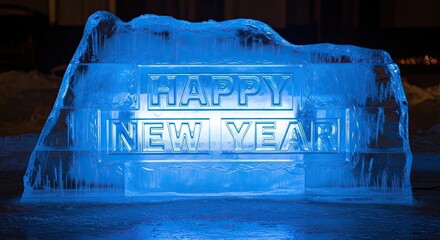 Happy New Year Ice Sculpture With Blue Lights
