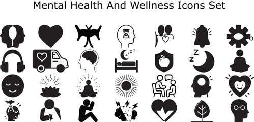 Mental Health And Wellness Icons Set Line Vector Pack Therapy Mindfulness Self Care Brain Heart Balance Yoga Meditation Happiness Stress Relief Glyphs Editable Stroke