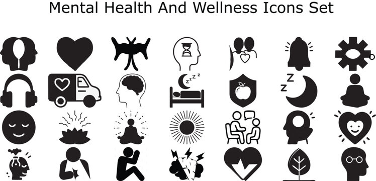 Mental Health And Wellness Icons Set Line Vector Pack Therapy Mindfulness Self Care Brain Heart Balance Yoga Meditation Happiness Stress Relief Glyphs Editable Stroke