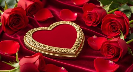 Golden heart shaped box surrounded by red roses and petals image photo