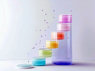 A minimalist arrangement of five colorful, translucent cosmetic jars stacked on a tall, purple gradient pedestal, with small purple bubbles floating in the back