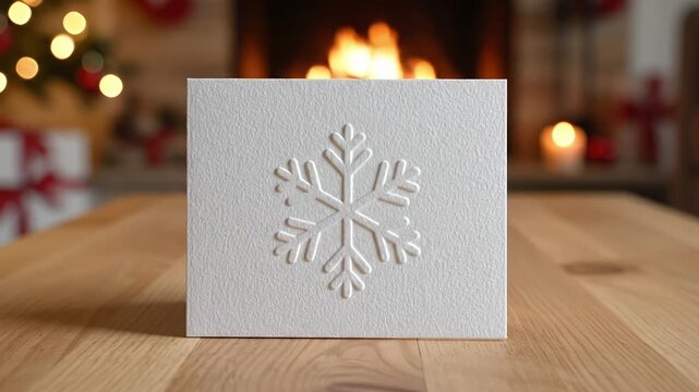 Cozy Christmas scene A white embossed snowflake holiday greeting card sits on a wooden table with a warm blurry fireplace and festive lights in the background