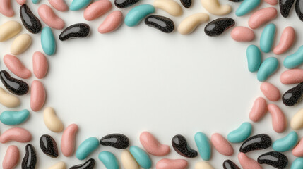 Obraz premium Colorful jellybean candy frame with pink, blue, black, and cream beans on white background, creating playful and vibrant border design