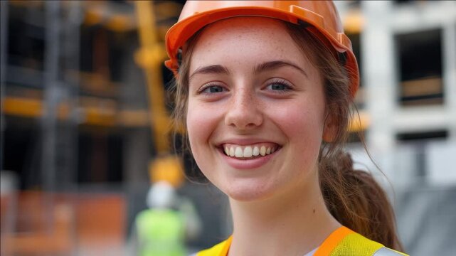 The image portrays a woman wearing safety gear, indicating that she is likely involved in the construction industry. Her smile suggests confidence and positivity regarding her work.