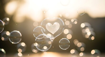 Heart Shaped Bubble Floating in Golden Sunlight with Bokeh stock image