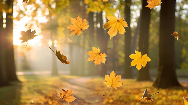 Golden autumn leaves falling in sunlit park forest maple - Powered by Adobe
