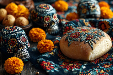 Day of the dead, Dia De Los Muertos Celebration Background With sugar Skull, calaverita, marigolds or cempasuchil flowers, bread of death or Pan de Muerto with Copy Space. Traditional Mexican culture