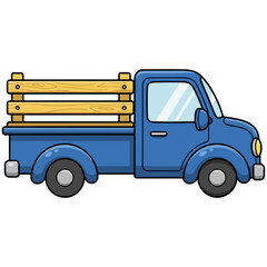 Blue Vintage Pickup Truck with Wooden Bed Sides, Side View, Isolated on White Background