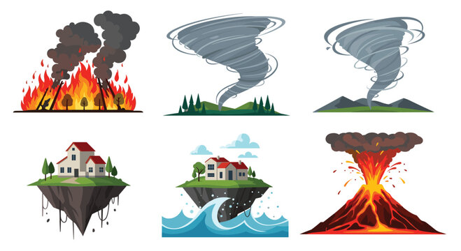 Cartoon illustration depicting various natural disasters including wildfires, tornadoes, land erosion, tsunamis, and a volcanic eruption.