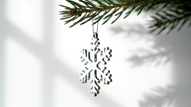 Beautiful silver snowflake ornament dangling from a fresh green pine tree branch casting soft shadows on a minimalist white background evoking serene winter holiday
