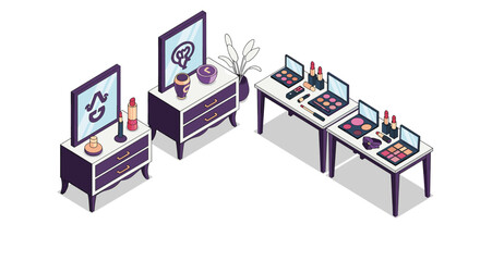 Isometric view of a stylish makeup vanity setup with various cosmetics and accessories displayed on purple furniture, creating a beauty and fashion aesthetic.