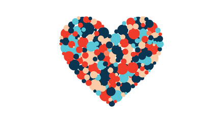 A vibrant heart shape is composed of numerous colorful circles in shades of red, blue, and turquoise, creating a playful and modern design aesthetic.
