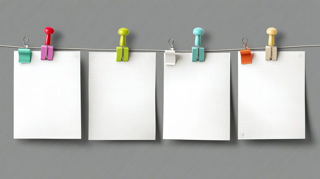 Four blank white papers hanging on a string with colorful pushpin clips on gray