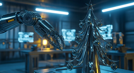 Futuristic robot arm carefully decorates a sleek metallic Christmas tree in a high-tech workshop setting with glowing screens
