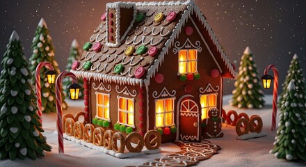 Enchanting Gingerbread House in Snowy Winter Wonderland
