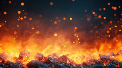 Fiery glowing coal pieces burning with intense orange flames and sparks creating dynamic and powerful close up scene