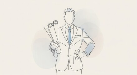 A businessman stands confidently holding blueprints, dressed in a suit. The image conveys professionalism and planning in a corporate setting.