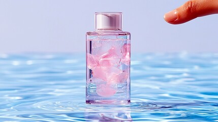 A clear bottle containing pink petals submerged in liquid sits on rippling blue water, with a fingertip reaching towards it.