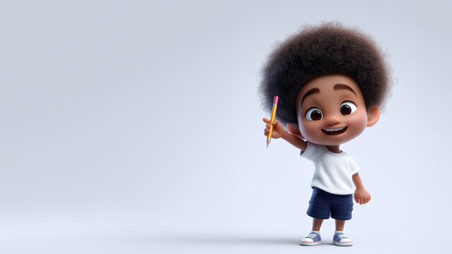 Fröhliche Cartoon-Kinderfigur mit Afro-Frisur und Stift auf hellem Hintergrund