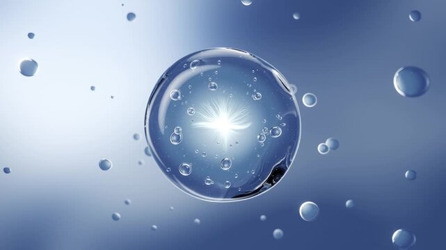 Hyaluronic acid bubbles in cosmetics, Essence spheres for moisturizing and hydrating, Used in face creams, facial serums, hair care products, and essential oils. Skin care solutions, cosmetic ads, 3D.