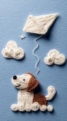 A charming embroidered scene featuring a happy dog sitting on the ground, looking up at a kite flying in the sky with fluffy clouds.