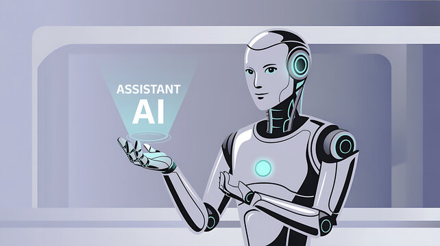 Humanoid robot presenting A I assistant hologram with blue light artificial intelligence