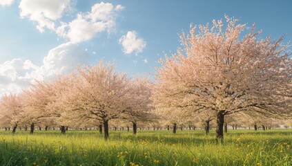 Fototapeta premium Landscape featuring blossoming peach trees, showcasing seasonal change
