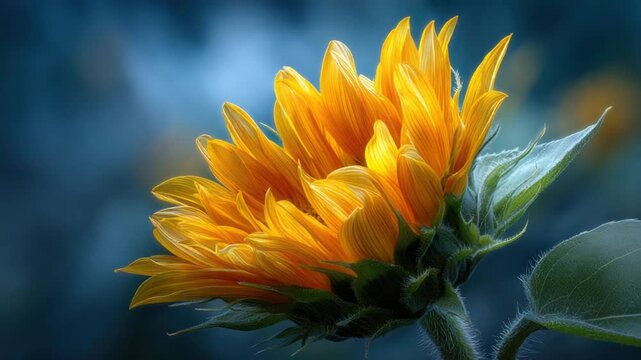 Side view of a brilliant yellow sunflower against a soft, dark blue bokeh background
