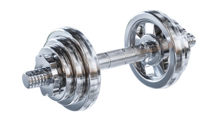 Close up shot of a shiny chrome dumbbell with adjustable weights on white background