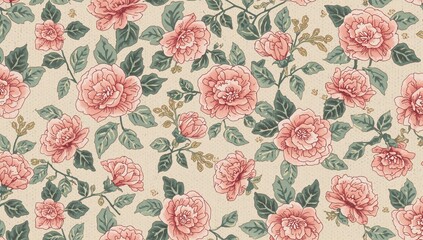 Groovy floral seamless design, retro cute pink flowers on beige, summer abstract textile pattern