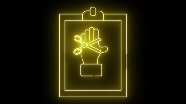 A neonyellow clipboard displays an open hand holding scissors in a simple glowing line drawing