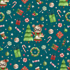 Watercolor Christmas mouse seamless pattern with gifts, trees, wreaths, candy canes and ornaments on teal background, cute festive holiday illustration