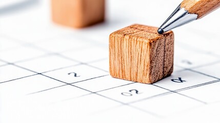 A pencil tip hovers over a wooden block placed on grid paper with handwritten numbers, suggesting a game or decision-making process.