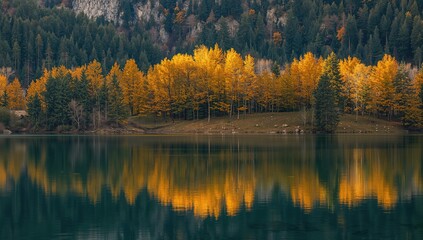 Obraz premium Vibrant autumn landscape featuring golden foliage reflecting in the tranquil waters of a mountain lake, seasonal change