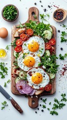 A vibrant and appetizing breakfast spread featuring three perfectly fried eggs atop toast, adorned with fresh vegetables and herbs.