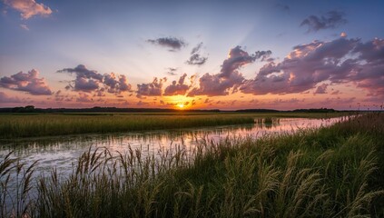 Sunset Over Wetlands With Cloudy Skies, Seasonal Change