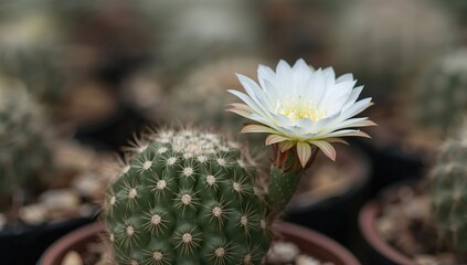 Gymnocalycium Mihanovichii hybrid with white flower in a pot, vibrant cacti setting, seasonal change