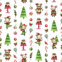 Watercolor seamless Christmas pattern with cute mice, trees, cakes, and festive ornaments on white background. Hand-painted holiday design perfect for wrapping paper, fabric prints, and winter decor.