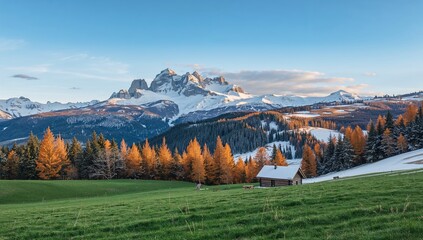 Picturesque landscape featuring a small wooden cabin on a meadow during sunrise, highlighting seasonal change, Earth Day