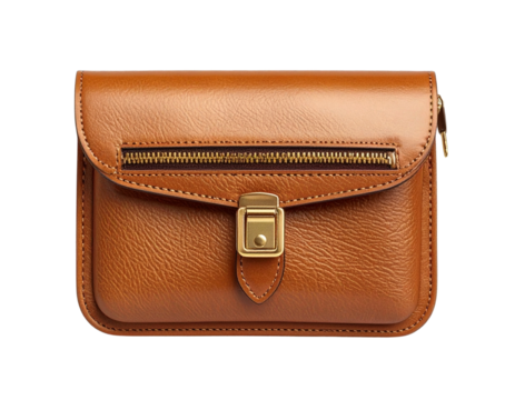 Minimalist Leather Pouch with Gold Zipper, Front-Facing View, Elegant Everyday Accessory, Isolated on Transparent Background