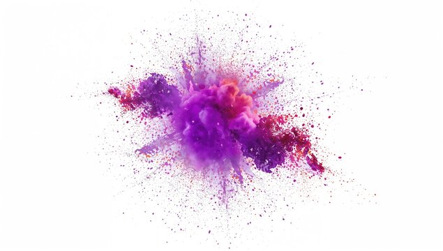Purple powder bursting against a white backdrop, showcasing dynamic motion
