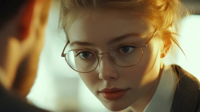 Portrait of a woman in glasses with an intense expression, engaged in office conversation, likely part of a drama or suspense scene.