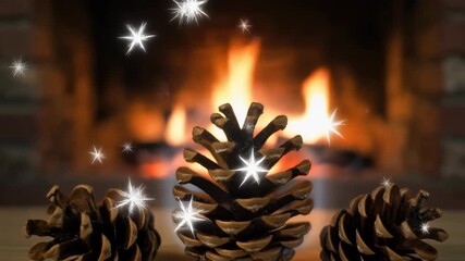 Cozy Winter Scene Pine Cones Warm Fireplace Glowing Stars Festive Atmosphere. - Powered by Adobe