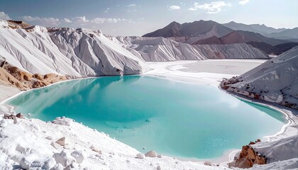 A vibrant turquoise lake is nestled within a landscape of white mineral deposits, with rugged mountains visible in the background under a bright sky.