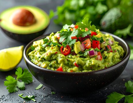 Close-up of guacamole in bowl with avocado and cilantro