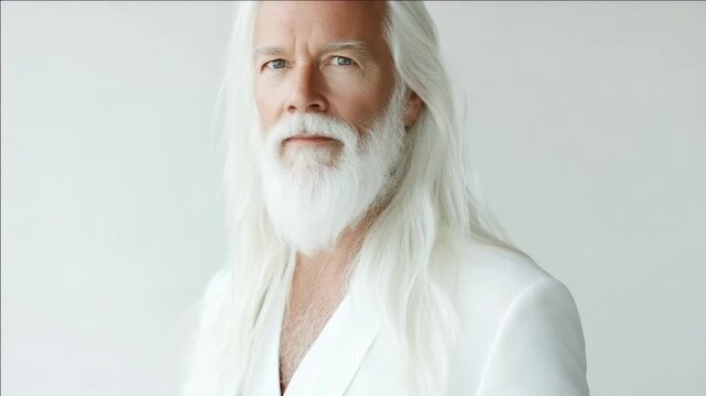 An image of a middle-aged man with a long white beard and gray hair, exuding a sense of wisdom and maturity. He is wearing elegant, vintage attire against a minimalist background.