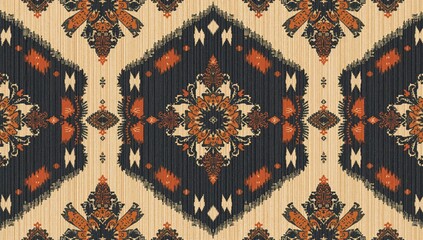 Tribal ikat seamless pattern featuring Aztec motifs, suitable for textile applications