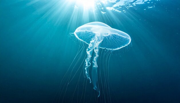 Glowing Jellyfish Underwater with Sunbeams