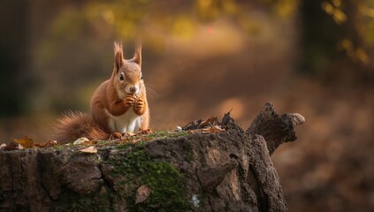 Red Squirrel perched on an aged tree stump, showcasing the beauty of autumn foliage, seasonal change